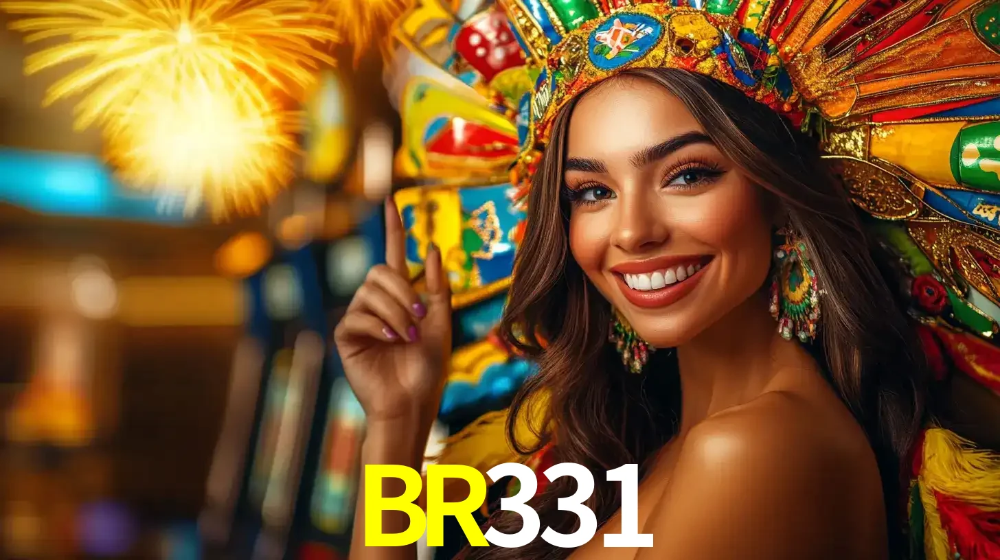 Mulher sorridente com um cocar de carnaval vibrante e colorido, celebrando uma grande vitória nos jogos do cassino BR331 com fogos de artifício ao fundo.