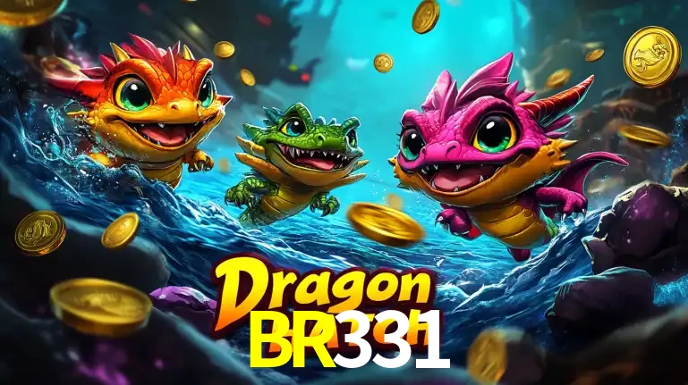 Arte promocional do jogo Dragon Hatch com três adoráveis dragões bebês nadando entre moedas de ouro, um dos slots mais divertidos para jogar no cassino BR331.
