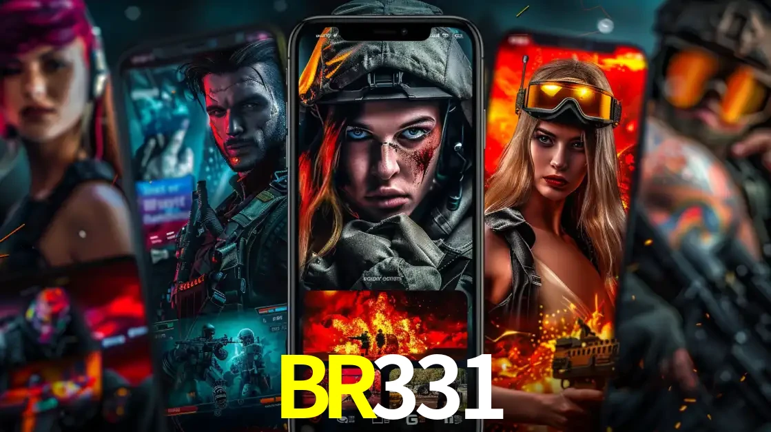 Montagem de telas de celular mostrando diversos personagens, masculinos e femininos, de um jogo de tiro, ilustrando a diversidade de equipes de e-sports para apostar no BR331.