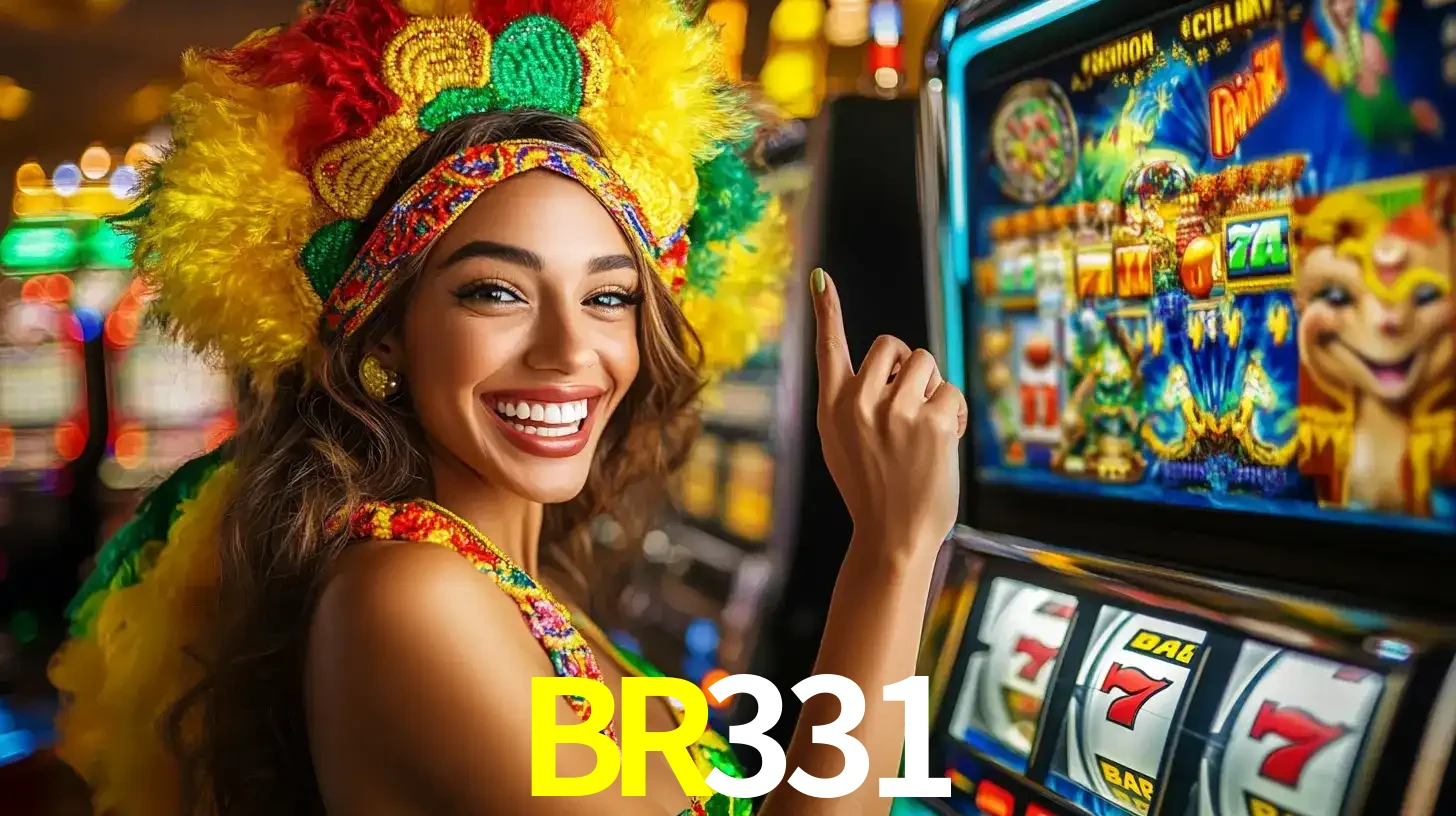 Mulher animada com um cocar de carnaval apontando para uma máquina de caça-níqueis, mostrando a emoção de ganhar um grande prêmio nos jogos do BR331.