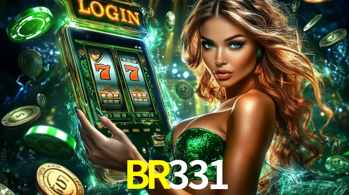 Mulher com tema verde apresentando o aplicativo do cassino BR331 com um jogo de slot de 777, cercada por fichas de cassino e uma aura de sorte.