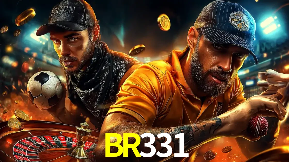 Montagem de apostas esportivas e cassino no BR331, com um homem segurando uma bola de futebol e outro uma de beisebol sobre uma roleta e moedas voadoras.