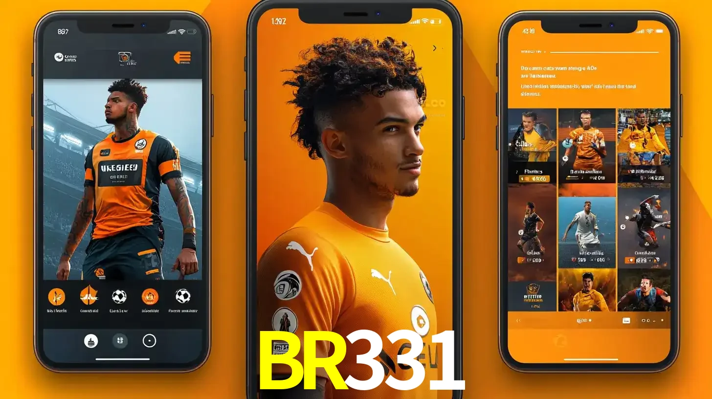 Interface do aplicativo de apostas esportivas BR331 em três telas de celular, mostrando o perfil de um jogador de futebol e a lista de jogos disponíveis para apostar.