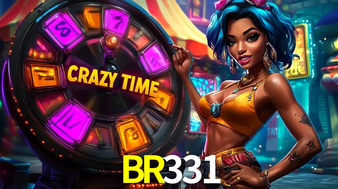 Mulher estilizada com cabelo azul e visual vibrante posando ao lado da roda de prêmios do game show Crazy Time, convidando para a diversão e os bônus do cassino BR331.