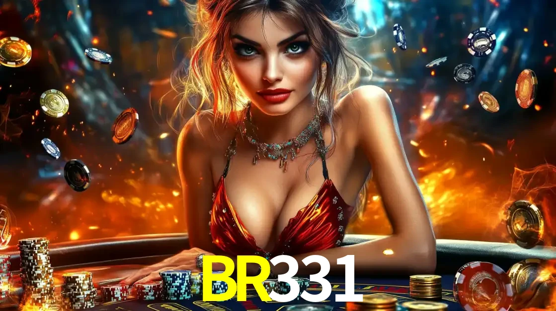 Mulher em uma mesa de cassino com pilhas de fichas e um fundo de fogo, pronta para uma rodada de altas apostas nos jogos de mesa emocionantes do cassino BR331.