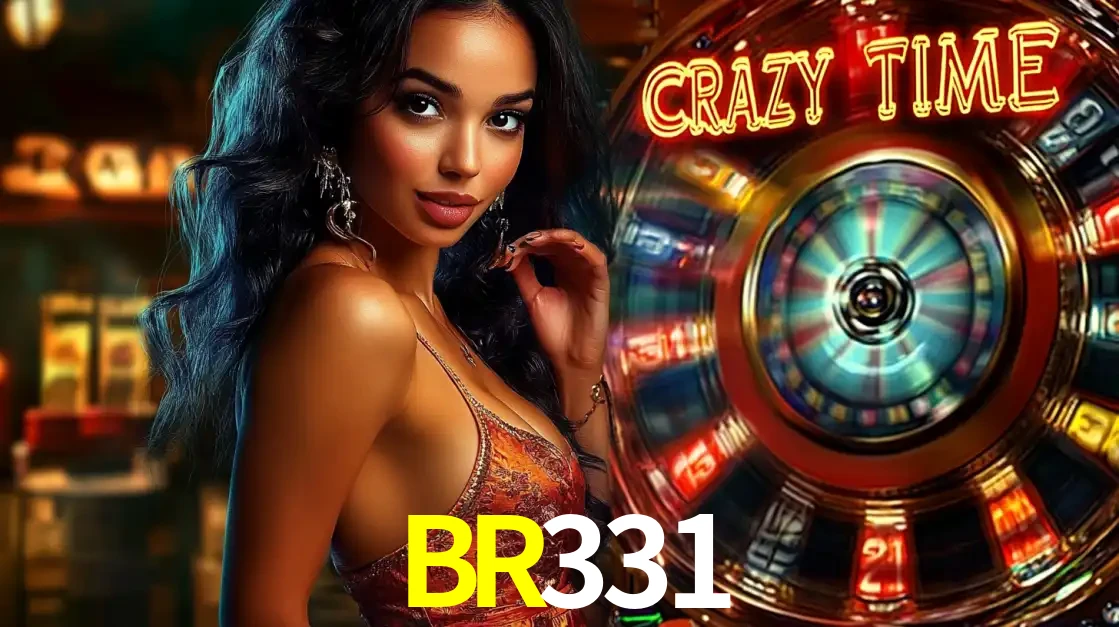 Mulher elegante ao lado da vibrante roda da fortuna do jogo de cassino ao vivo Crazy Time, um dos game shows mais populares e cheios de prêmios do BR331.