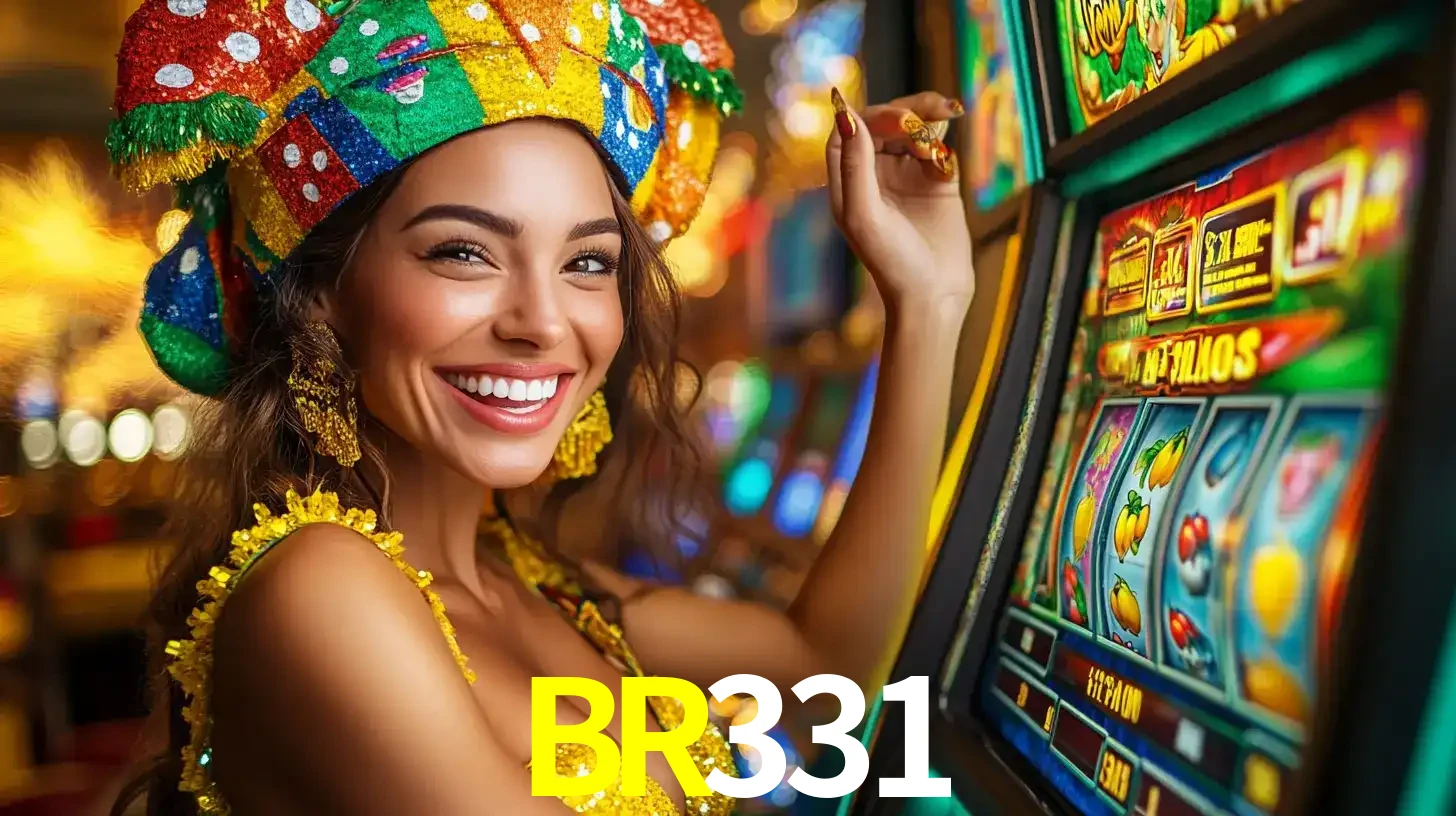 Mulher feliz com traje de carnaval amarelo e colorido ao lado de uma máquina de caça-níqueis, aproveitando a diversão e os jogos temáticos do cassino BR331.