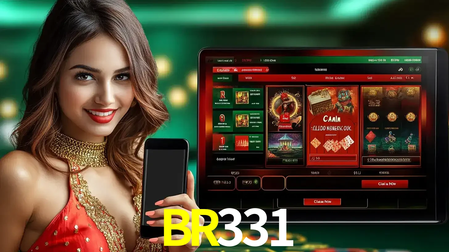 Mulher sorridente segurando um smartphone, ao lado de uma tela exibindo o lobby de jogos do cassino online BR331, com várias opções de jogos de cartas e slots.
